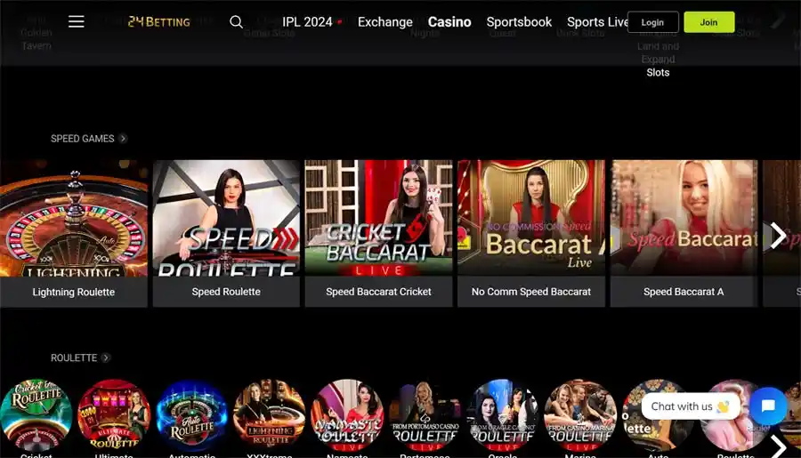 24betting Live Casino Room Overview Wide angle view of 24betting's live casino room with multiple game tables and interactive screens